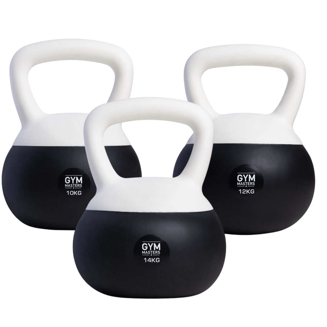 Zachte kettlebell set 3 stuks (10 kg & 12 kg & 14 kg) van Gym Masters, perfect voor krachttraining en cardio.