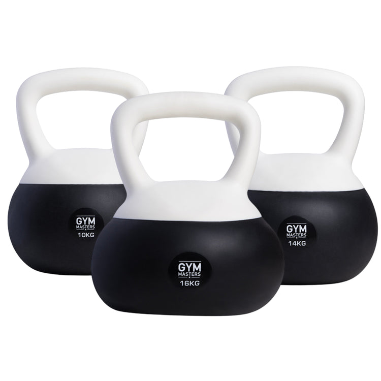Zachte kettlebell set 3 stuks (10 kg & 14 kg & 16 kg) van Gym Masters, ideaal voor kracht en balanstraining.