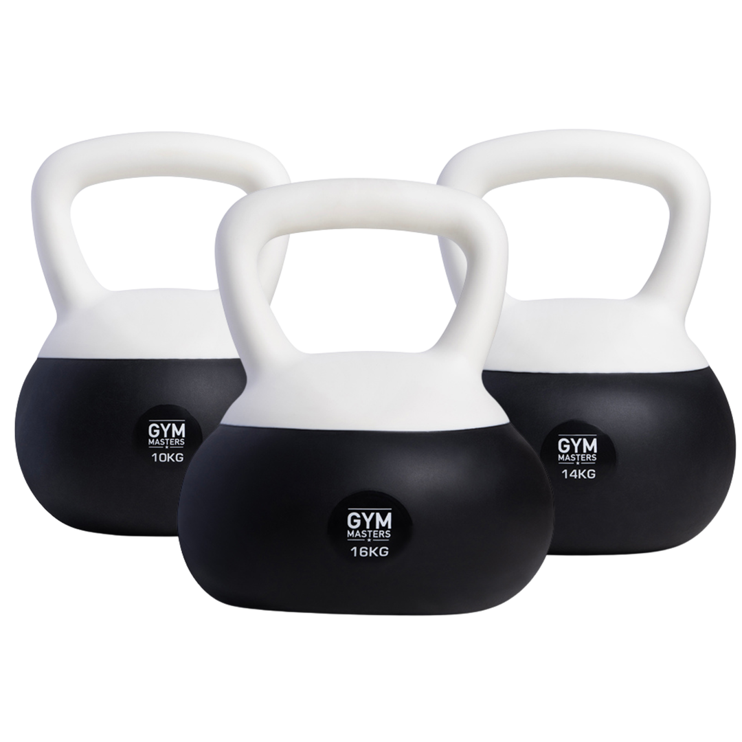 Zachte kettlebell set 3 stuks (10 kg & 14 kg & 16 kg) van Gym Masters, ideaal voor kracht en balanstraining.