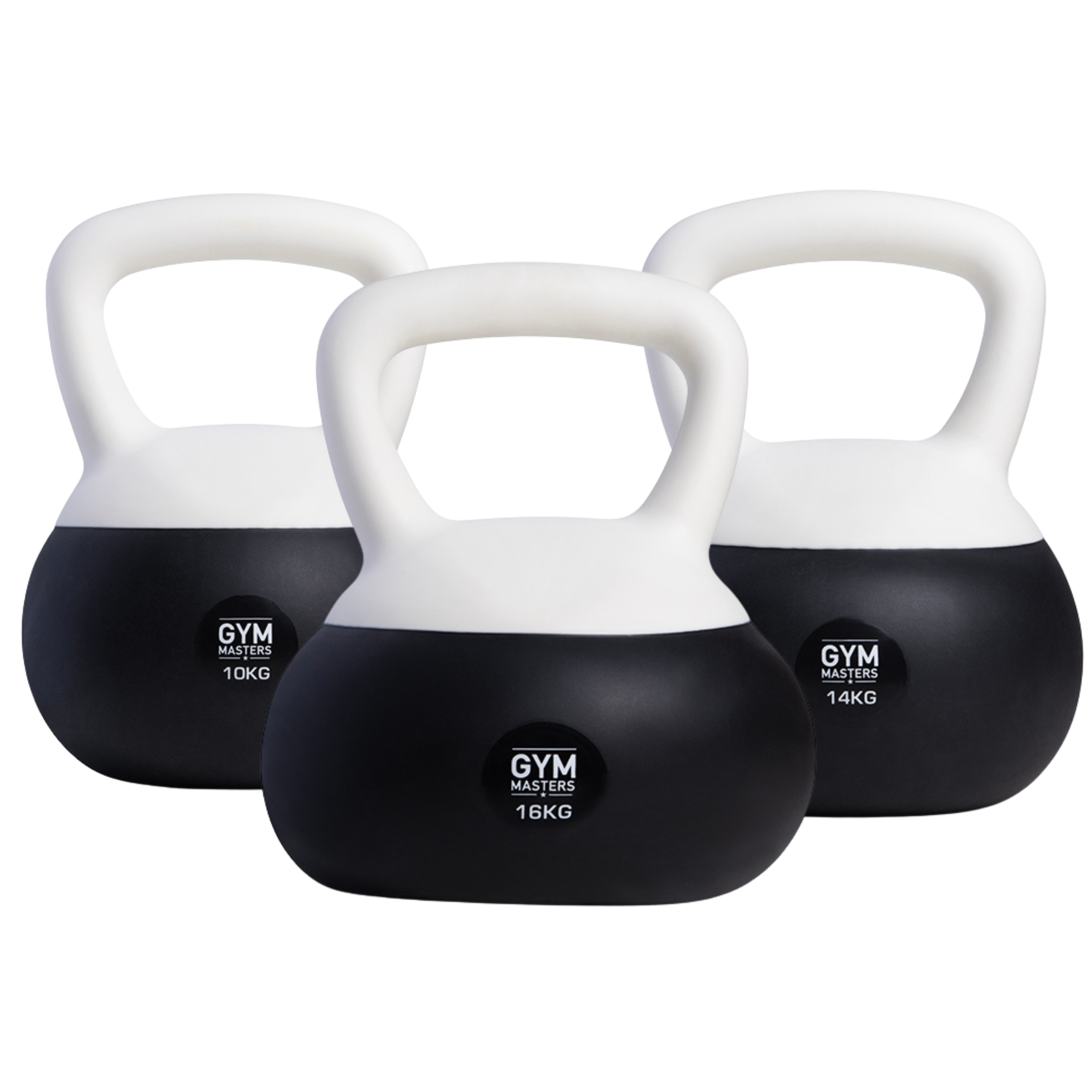Zachte kettlebell set 3 stuks (10 kg & 14 kg & 16 kg) van Gym Masters, ideaal voor kracht en balanstraining.