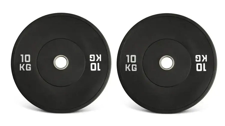 Gym Masters 10kg bumper plates set for strength training, suitable for Olympic barbells, durable rubber coating.