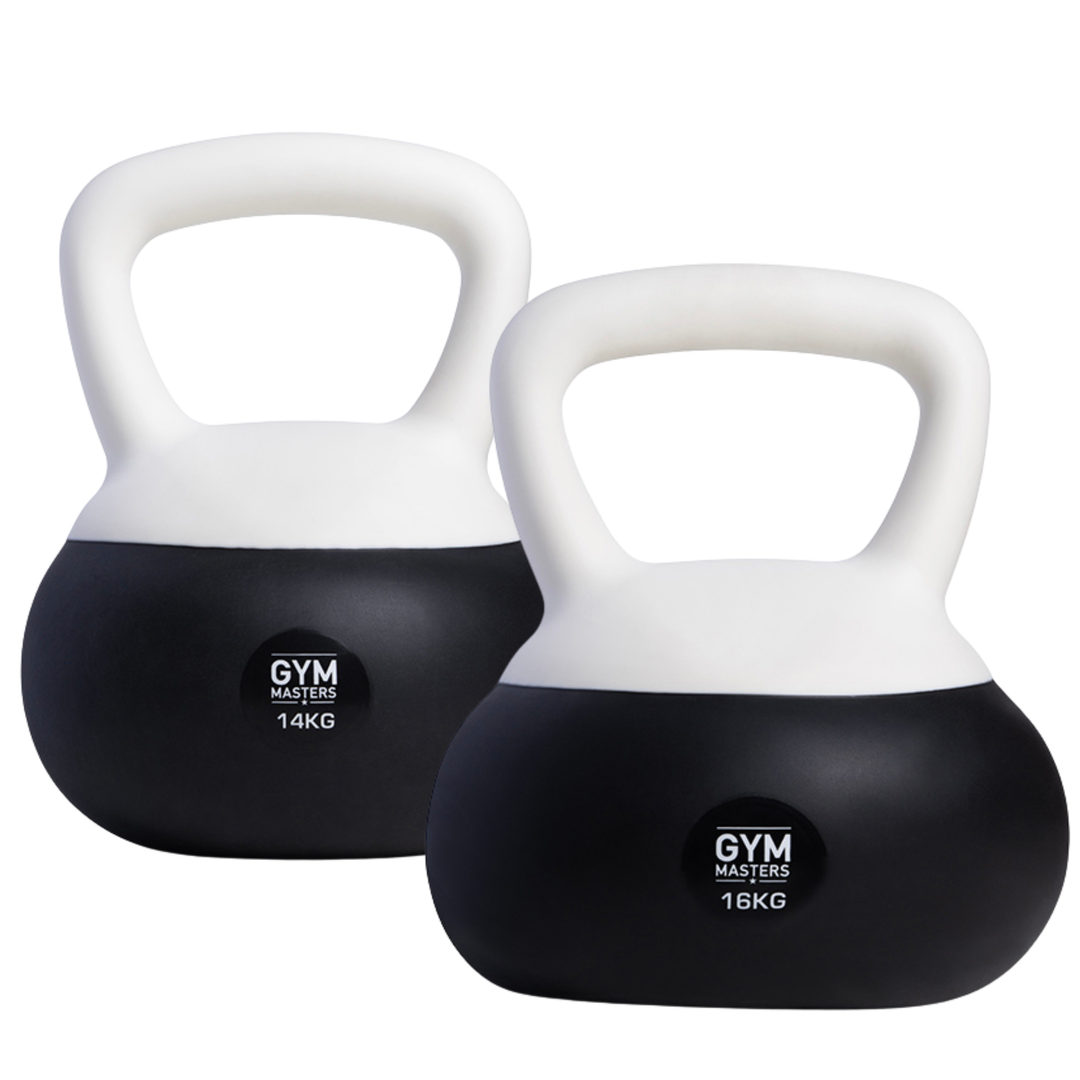 Zachte kettlebell set 2 stuks (14 kg & 16 kg) van Gym Masters, ideaal voor krachttraining en blessurepreventie.