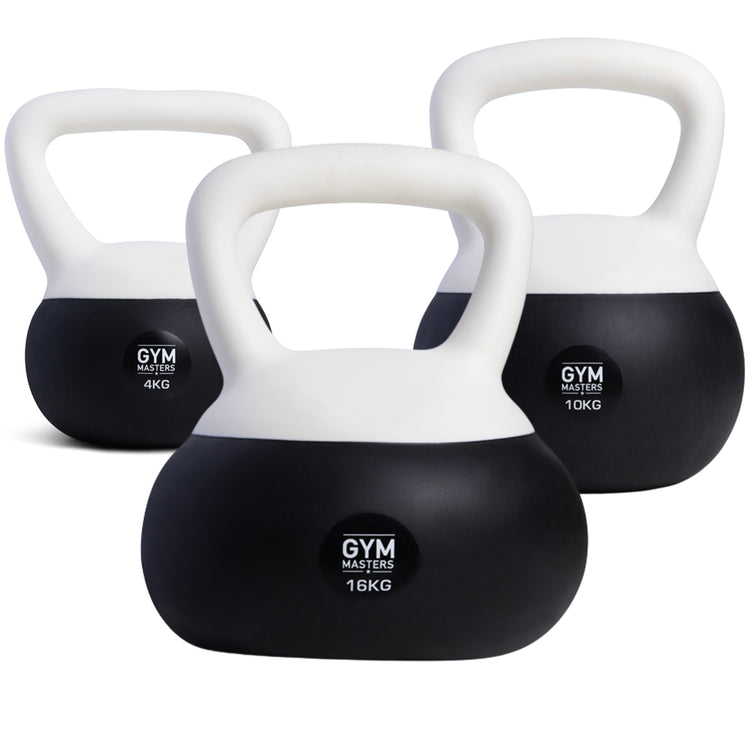Zachte kettlebell set 3 stuks (4 kg & 10 kg & 16 kg) van Gym Masters in zwart en wit.