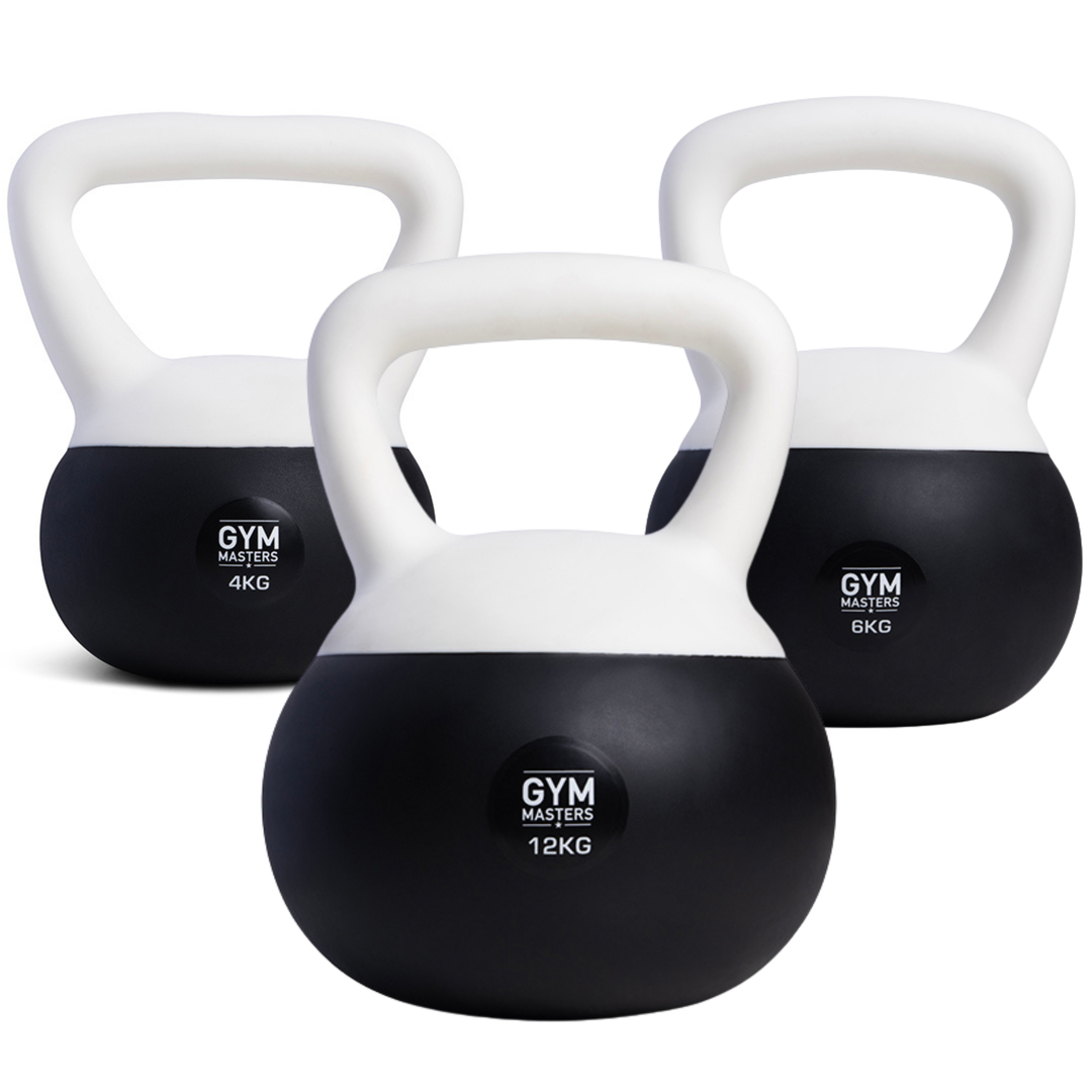 Zachte kettlebell set 3 stuks (4 kg & 6 kg & 12 kg) van Gym Masters voor veilig en effectief trainen.