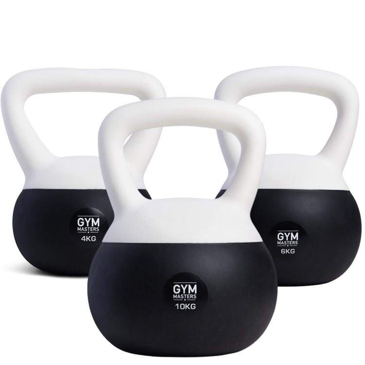 Zachte kettlebell set 3 stuks (4 kg & 6 kg & 10kg) van Gym Masters, ideaal voor beginners en veilig trainen.
