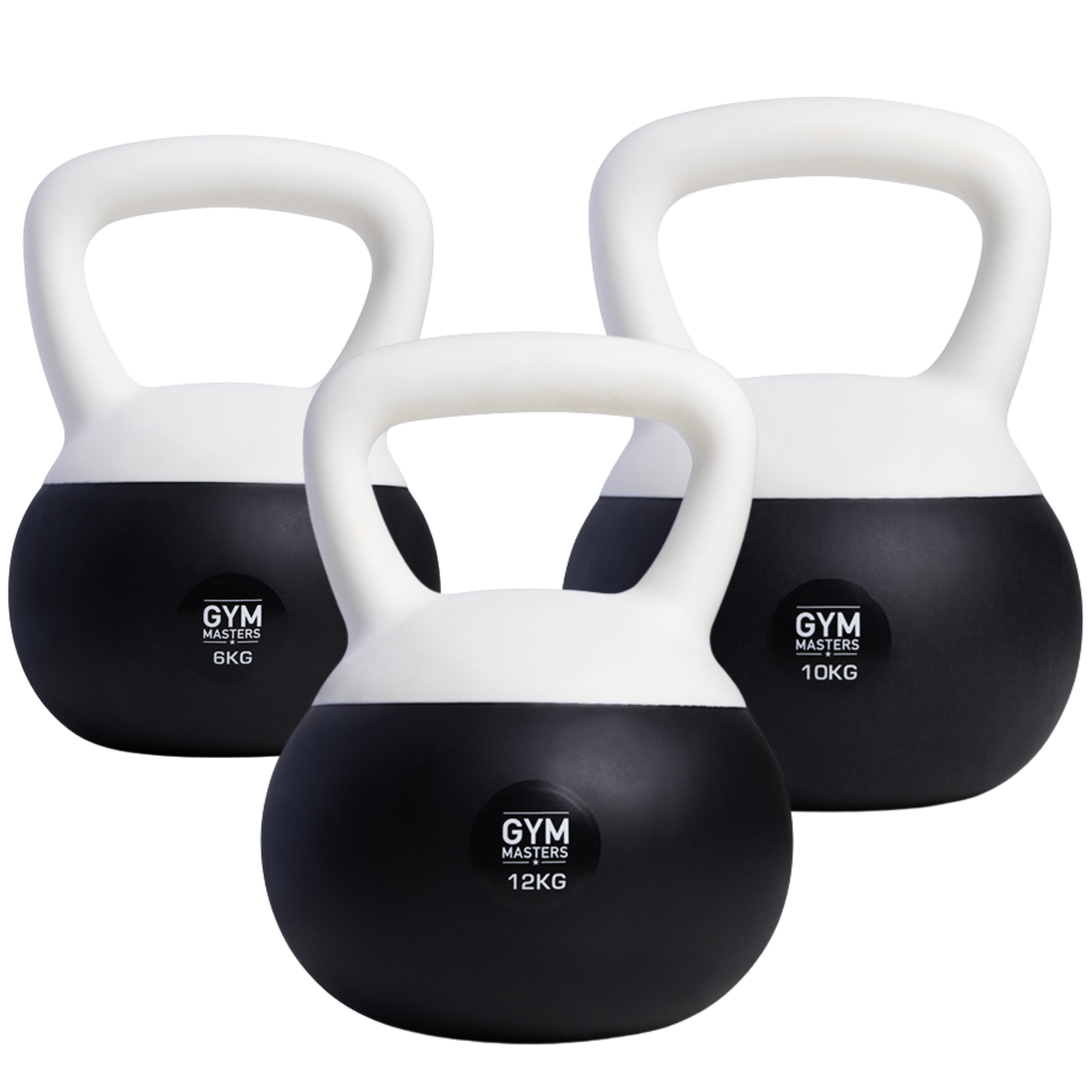 Zachte kettlebell set 3 stuks (6 kg & 10 kg & 12 kg) van Gym Masters, ideaal voor kracht- en cardiotraining.