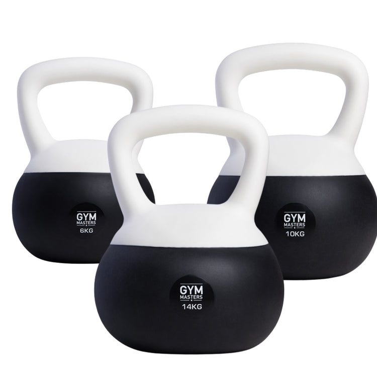 Zachte kettlebell set 3 stuks (6 kg & 10 kg & 14 kg) van Gym Masters voor krachttraining en mobiliteit.