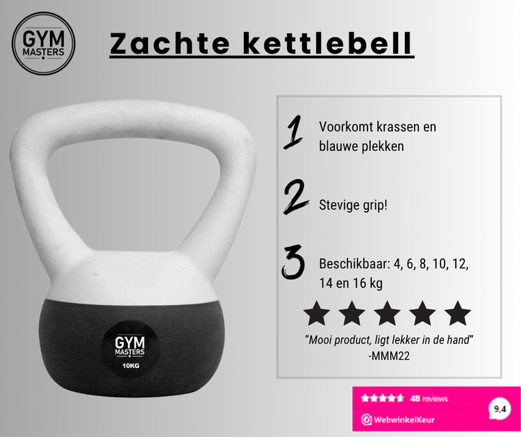 Zachte kettlebell set 7 stuks (4kg t/m 16 kg) met comfortabele grip en veilige buitenkant.