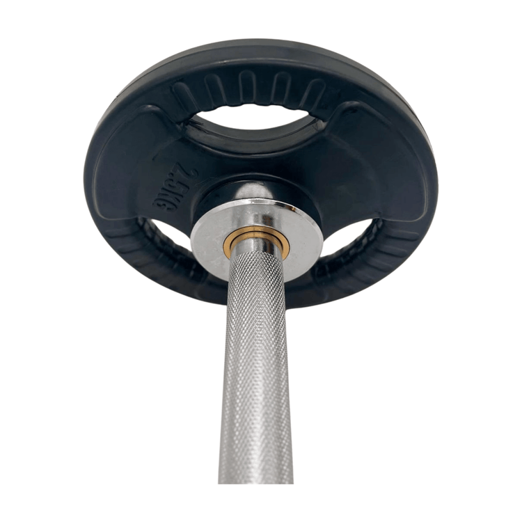 Olympische dumbbell stang met 25 kg schijf, ideaal voor gewichtstraining en fitnessoefeningen.