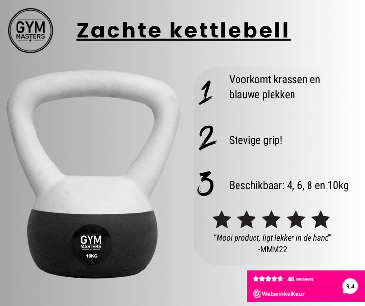 Zachte kettlebell van Gym Masters met een zachte coating, veilig voor thuis training, verkrijgbaar in meerdere gewichten.