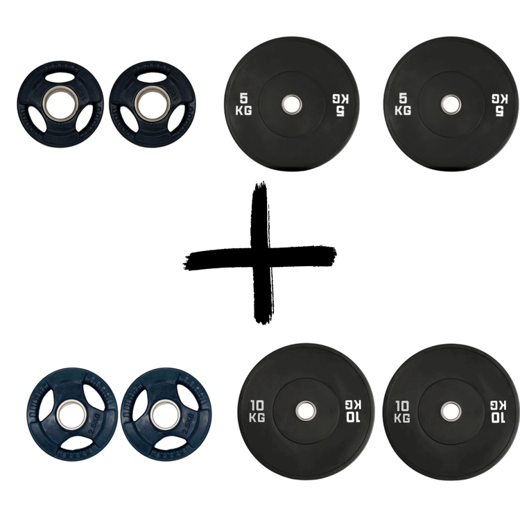 Gym Masters bumper plates set including 5 kg and 10 kg weights for efficient home gym training.
