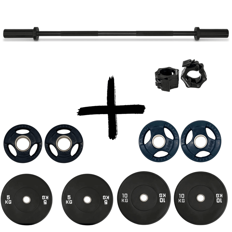 Gym Masters Barbell + Bumper Plates Set – 120 cm bar + 1,25 / 2,5 / 5 / 10 kg (per paar) with weights and clamps