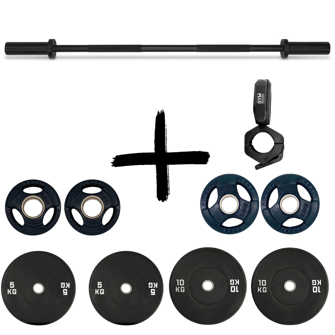 Gym Masters Barbell + Bumper Plates Set – 120 cm bar + 1,25 / 2,5 / 5 / 10 kg (per paar)