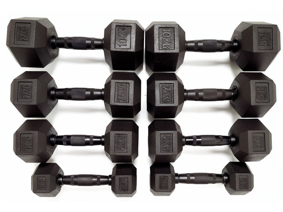 Hexa Dumbbell Set – 45 kg (2x2,5 kg / 2x5 kg / 2x7,5 kg / 2x10 kg) in a compact arrangement.