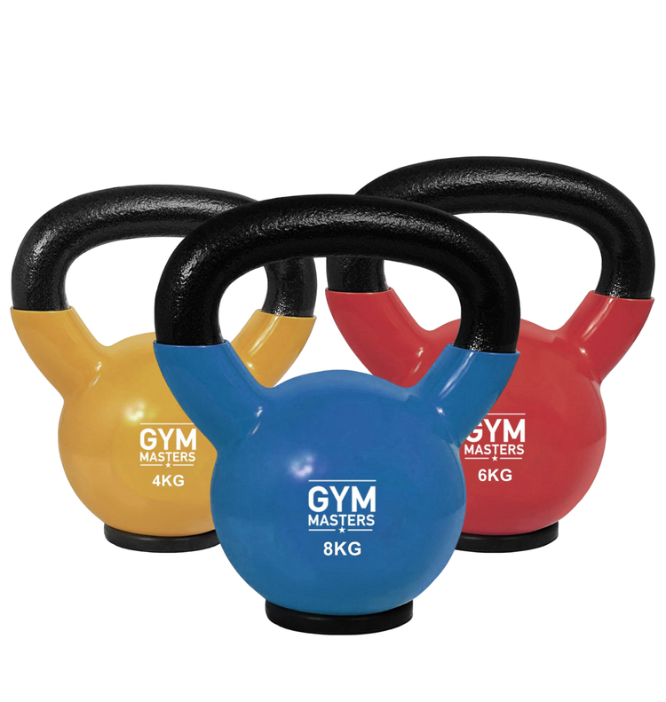 Gym Masters Kettlebell Set 4–6–8 KG – Vinyl in premium kleuren: 4KG, 6KG en 8KG kettlebells met rubberen voet.