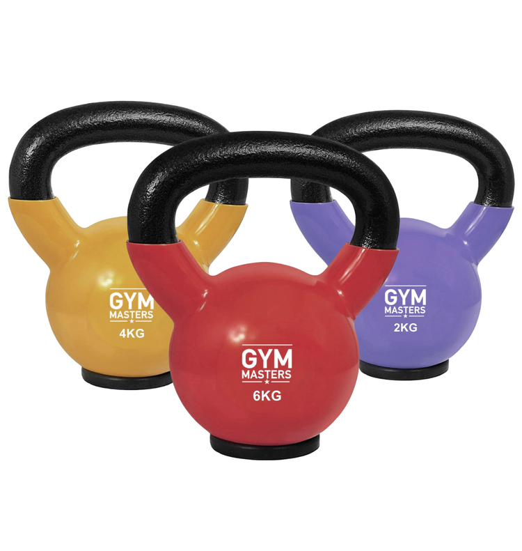 Gym Masters Kettlebell Set 2–4–6 KG – Vinyl in pastel colors, featuring rubberen voet and vinyl coating.