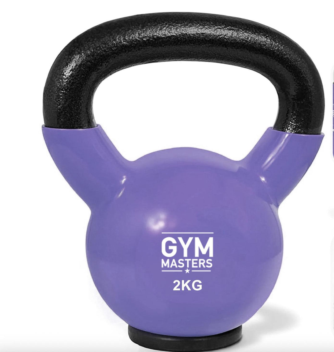 Gym Masters Kettlebell Set 2–4–6 KG – Vinyl, 2kg paars kettlebell met rubberen voet en premium kleuren.