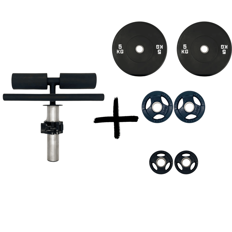 Gym Masters Tib Bar Set with 1.25kg, 2.5kg, and 5kg bumper plates for effective leg training.